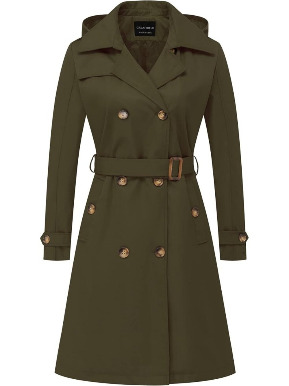 Stylish Women's Long Trench Coat, Double-Breasted, Belted, Detachable Hood, Slim